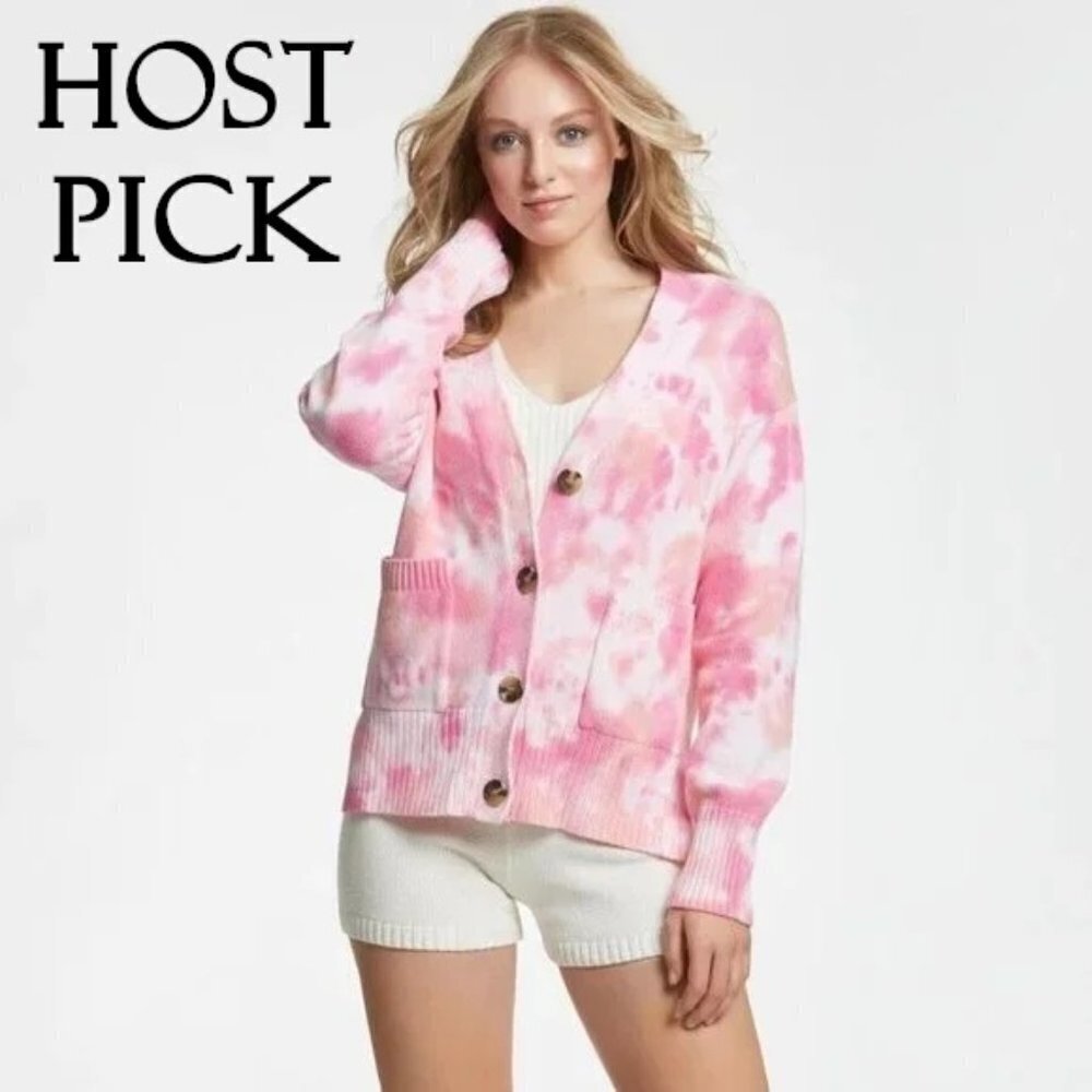 NWT Juicy Couture pink, orange, white tie dye knit V-neck cotton cardigan, S